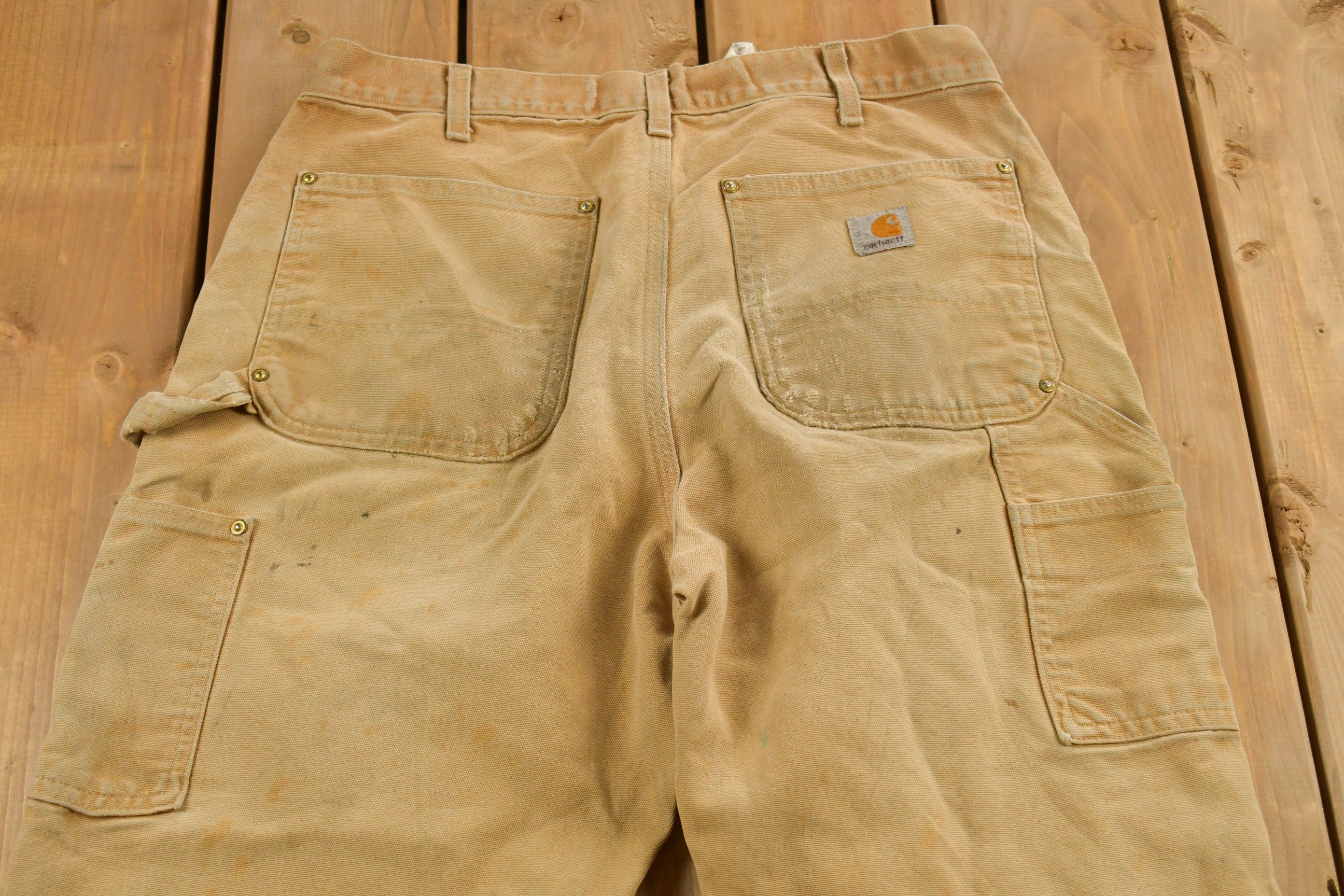 Vintage 1990s Carhartt Beige Distressed Double Knee Work Pants Size 32 x 30