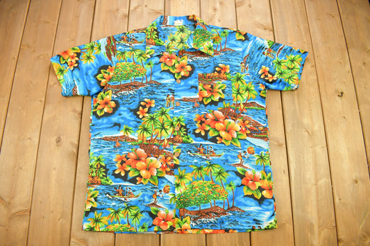 Vintage 1970s All Over Print Hawaiian Theme Button Up Shirt / Floral Print / Beachwear / Resort Wear /