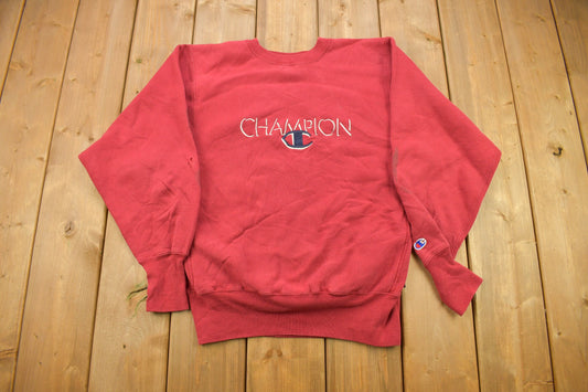 Vintage 1990s Red Champion Reverse Weave Crewneck / Embroidered / Vintage Champion / Streetwear / Made In USA / Sportswear