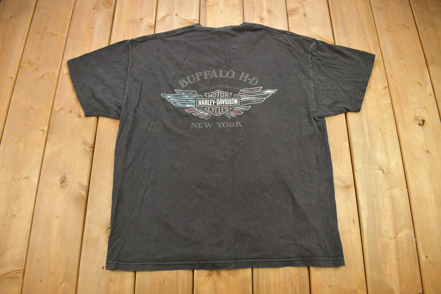 Vintage 2002 Buffalo Harley Davidson New York Graphic T-Shirt / Made In USA / Biker Tee / Souvenir T Shirt / American Flag Graphic