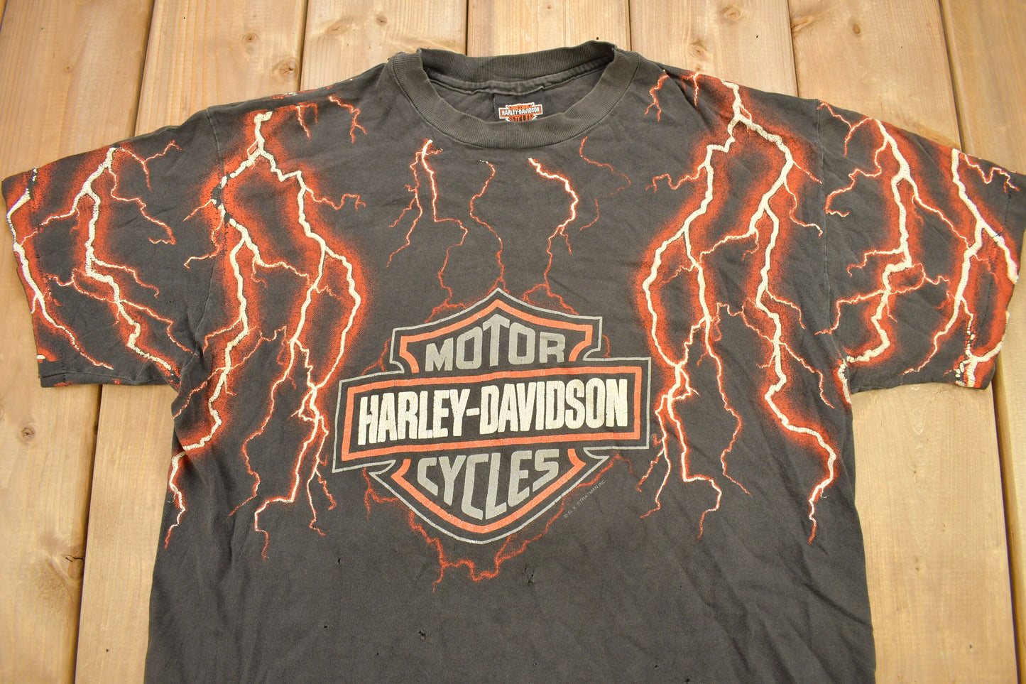 Vintage 1990s Pierce Harley Davidson De Kalb Illinois Lightning Graphic T-Shirt / Single Stitch / Made In USA / Biker Tee / All Over Print