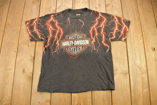 Vintage 1990s Pierce Harley Davidson De Kalb Illinois Lightning Graphic T-Shirt / Single Stitch / Made In USA / Biker Tee / All Over Print