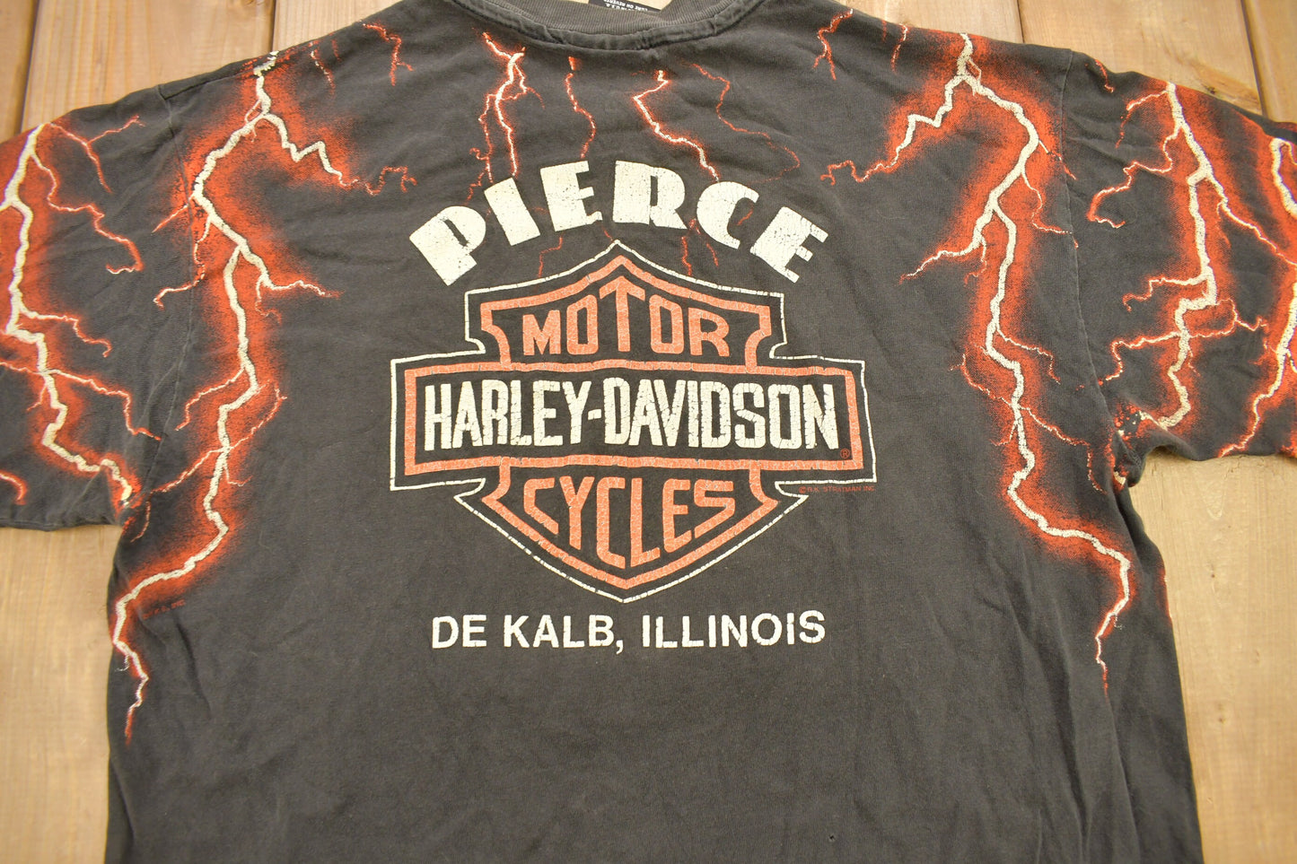 Vintage 1990s Pierce Harley Davidson De Kalb Illinois Lightning Graphic T-Shirt / Single Stitch / Made In USA / Biker Tee / All Over Print