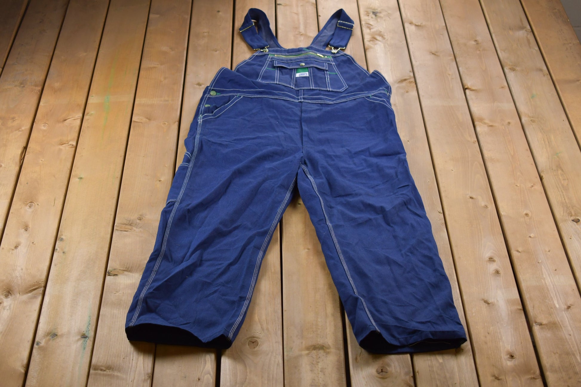 Vintage 1990s Liberty Denim Blue & Green Jean Overalls Size 42 x 30