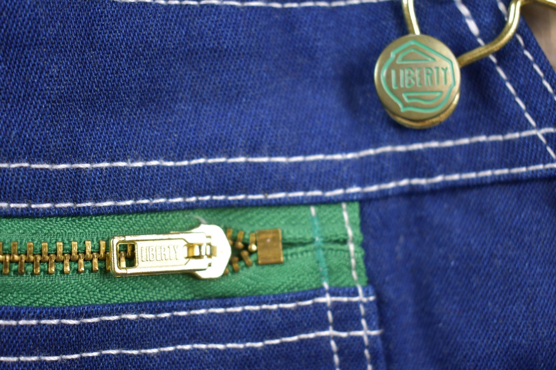 Vintage 1990s Liberty Denim Blue & Green Jean Overalls Size 42 x 30