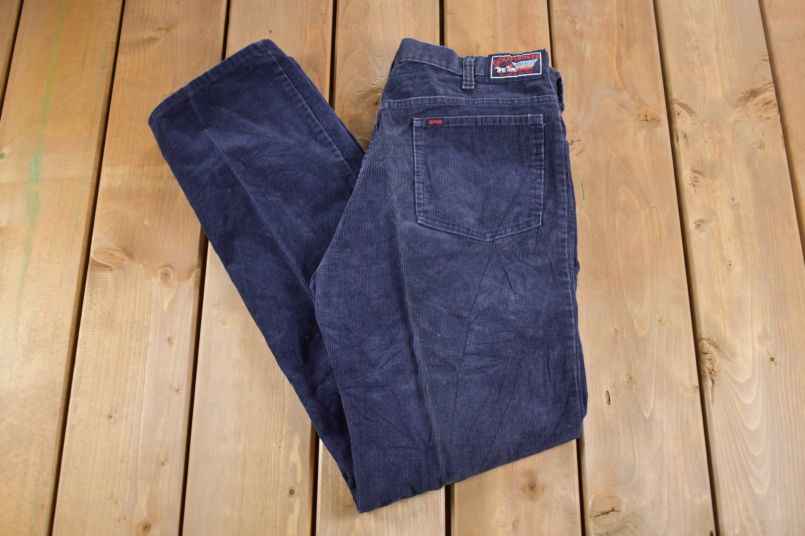 Vintage 1970s Gap Pioneer Navy Blue Corduroy Trousers Size 32 x 32