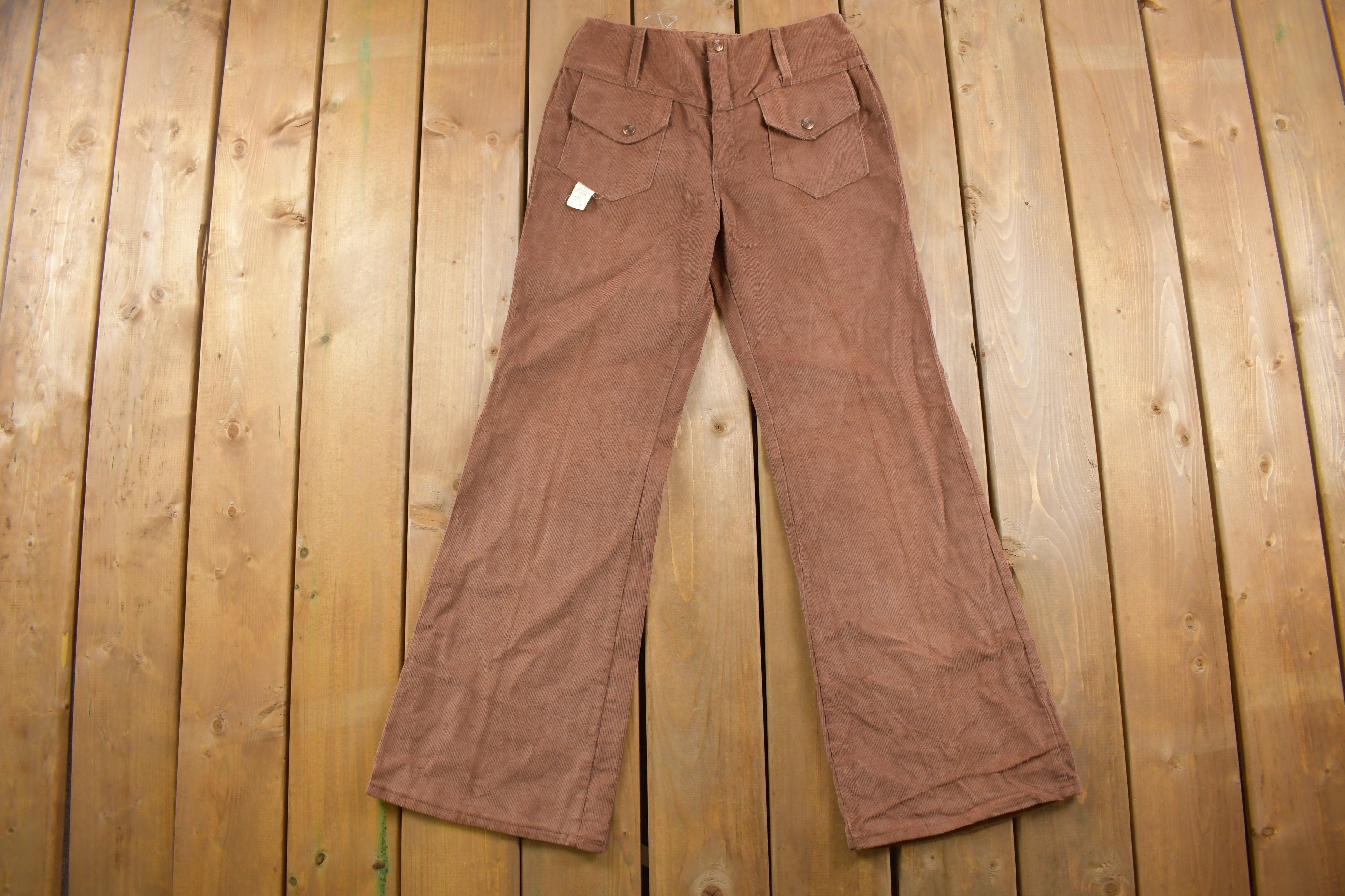 Vintage 1970s Deadstock Brown Corduroy Flare Pants Size 28 x 30
