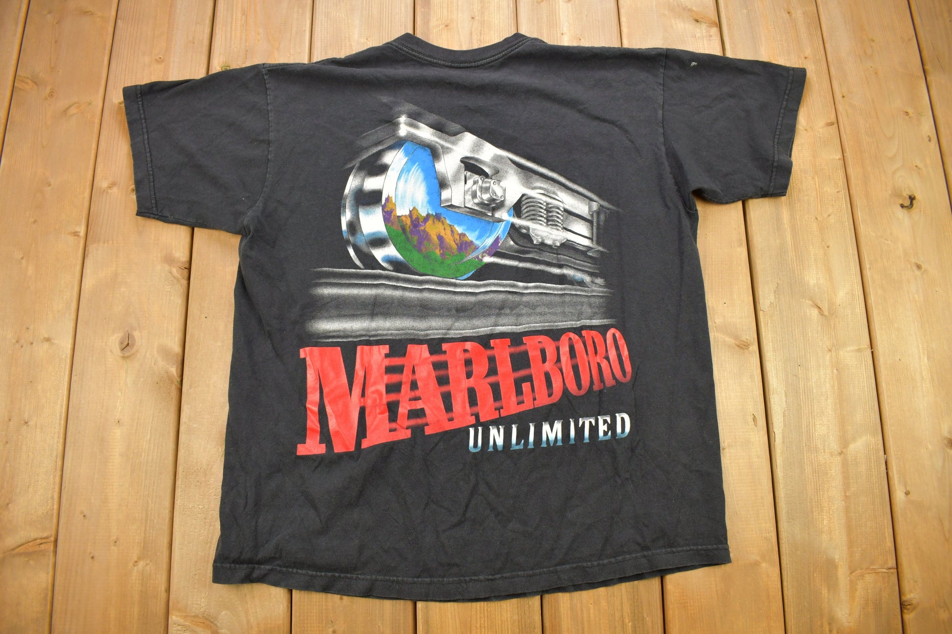 Vintage 1990s Marlboro Unlimited Train Track Graphic T Shirt Size XL