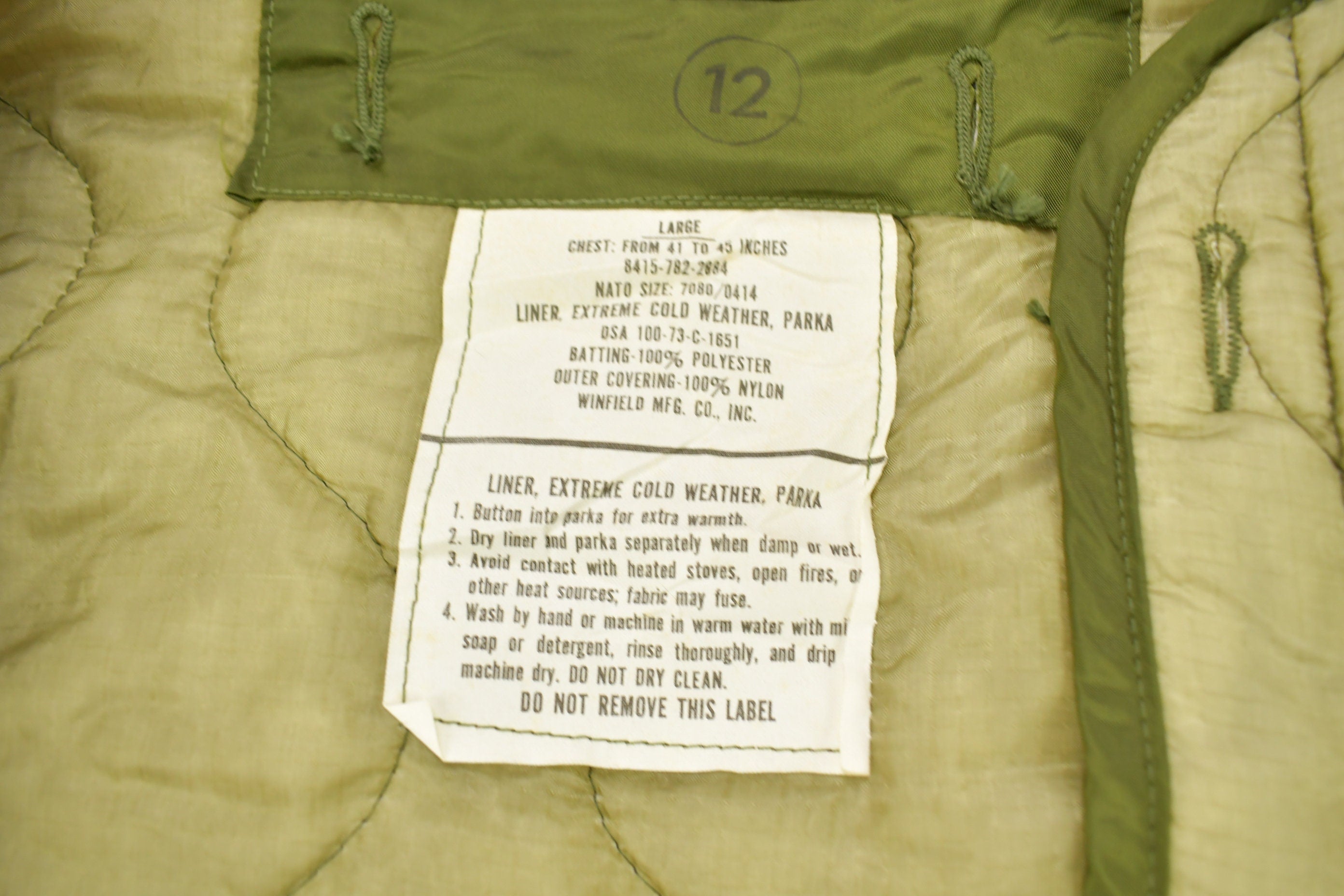 Vintage 1973 U.S. M65 Military Jacket Liner Size L