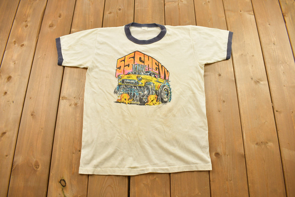 Vintage 1980s 55 Chevy Chevrolet Graphic Ringer T-Shirt