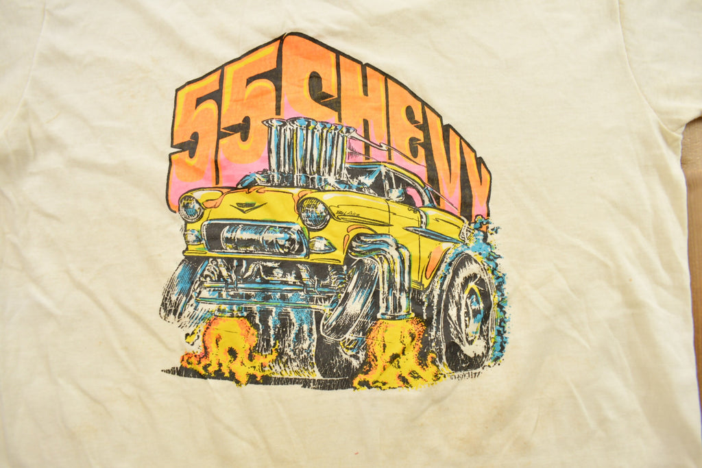 Vintage 1980s 55 Chevy Chevrolet Graphic Ringer T-Shirt