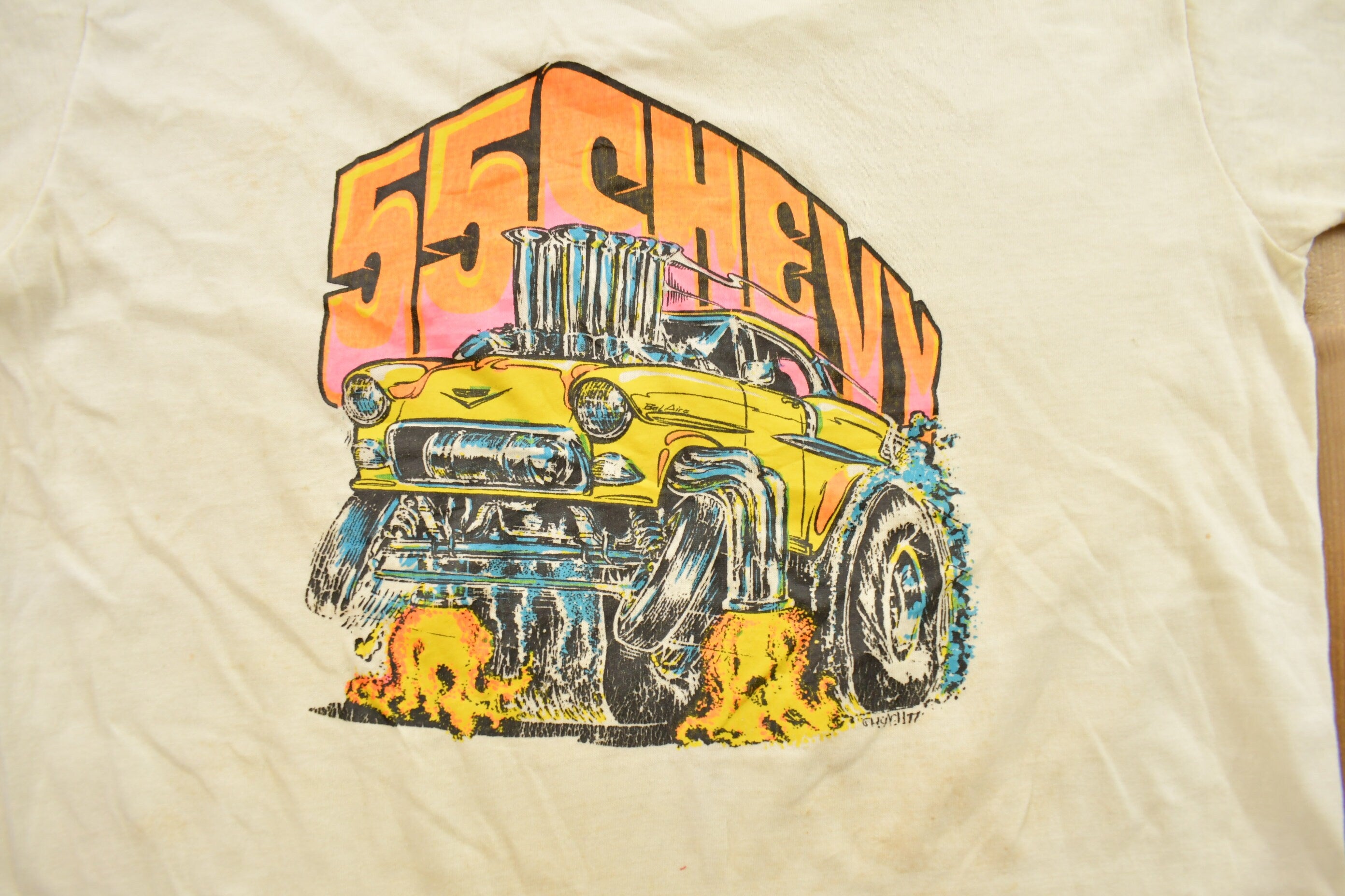 Vintage 1980s 55 Chevy Chevrolet Graphic Ringer T-Shirt