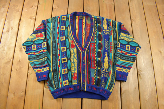 Vintage 1990s Emaroo Australia 3D Coloured Cable Knit Cardigan Sweater