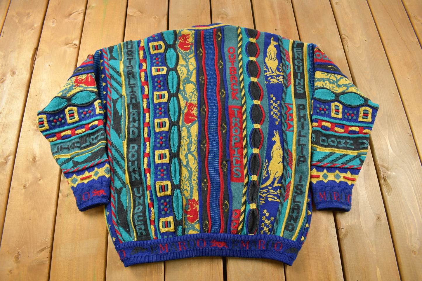 Vintage 1990s Emaroo Australia 3D Coloured Cable Knit Cardigan Sweater