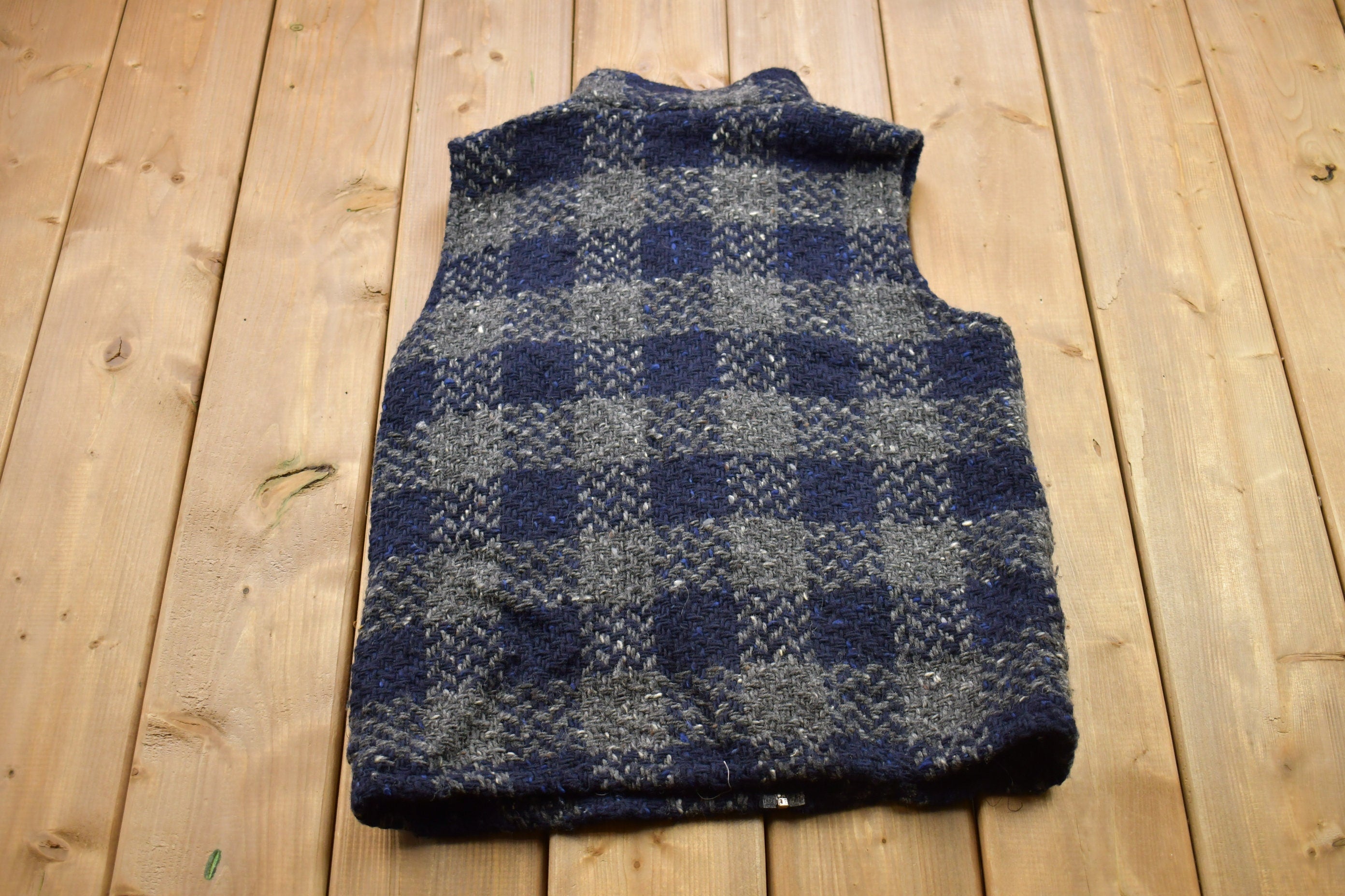Vintage 1990s 100% Wool Knit Plaid Sweater Vest