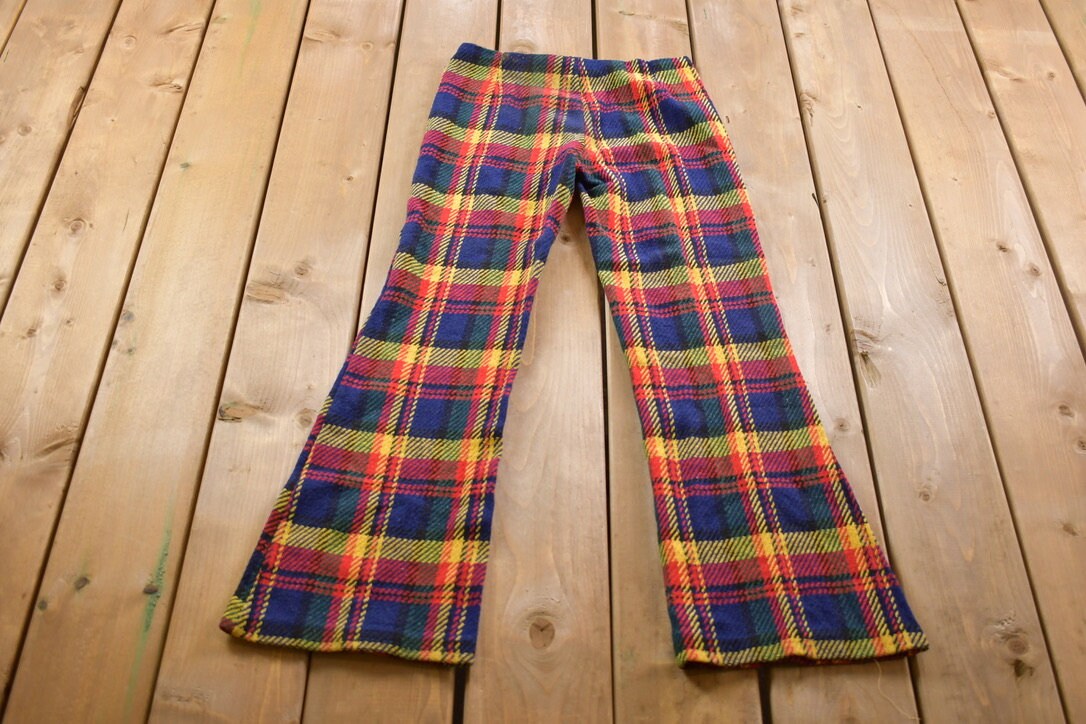 Vintage 1970s Colorful Plaid Wool Bell Bottom Trousers Size 26 x 28