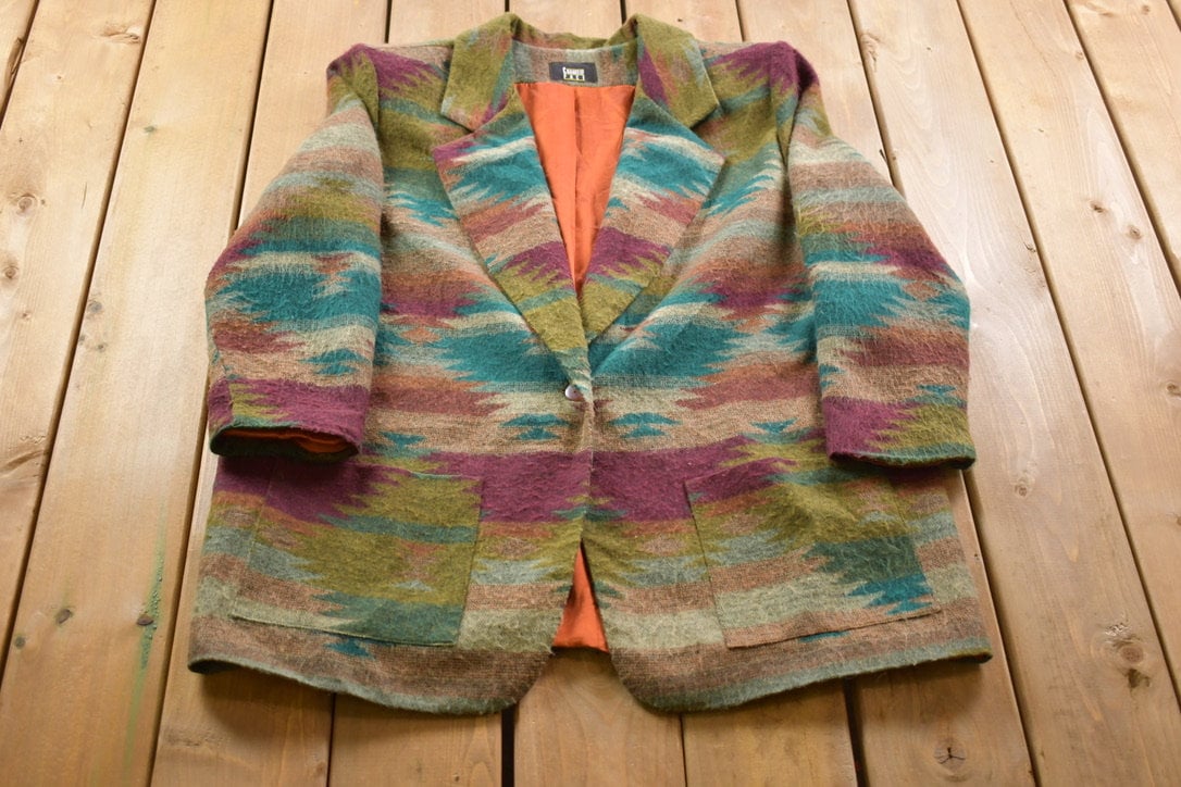 Vintage 1980s Change Of Pace Aztec Print Wool Suit Jacket / Fall Winter Outerwear / Streetwear Fashion / True Vintage / Dress Wear