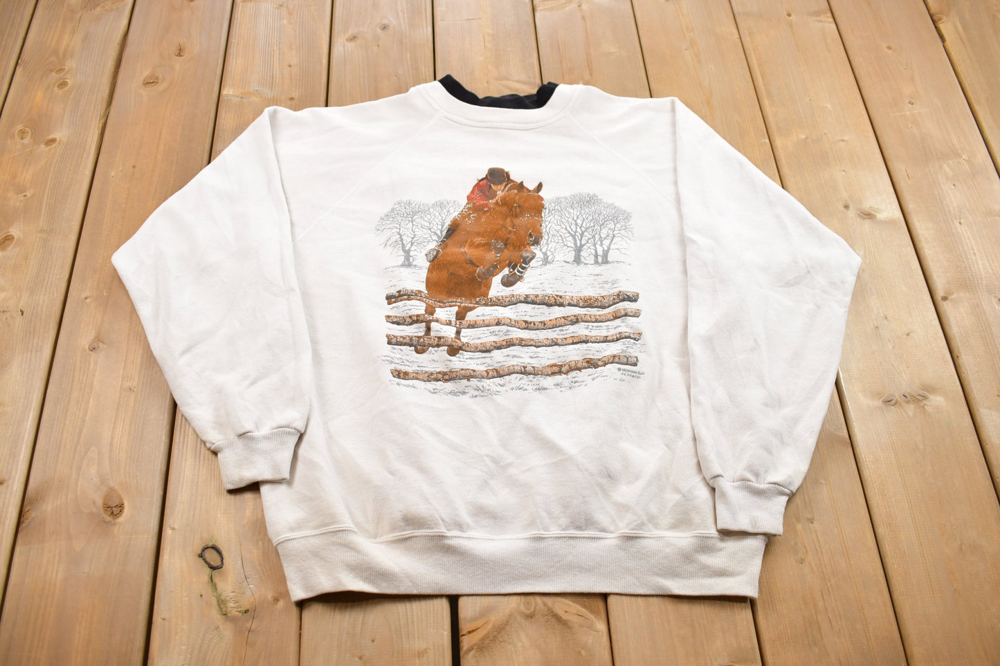 Vintage 1990s Morning Sun Horseback Theme H.Harp Crewneck Sweater / 90s Crewneck / Grandma Sweater / Streetwear / Made In USA / Animal Theme