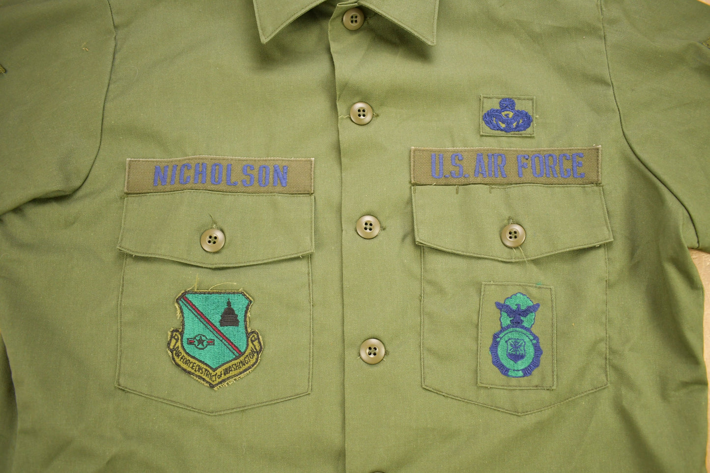 Vintage 1987 OG-507 US Air Force Military Sateen Shirt / US Army Green / Patchwork / Combat Shirt / Nicholson