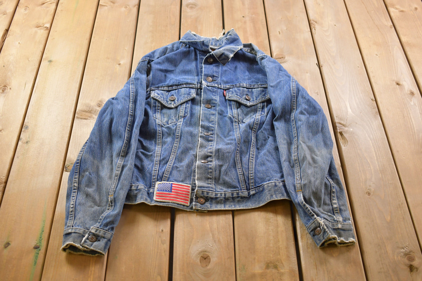 Vintage 1990s Distressed Levi's Red Tab Denim Jean Jacket / Distressed Denim / Streetwear / Vintage Distressed Levi's denim / USA Flag Patch