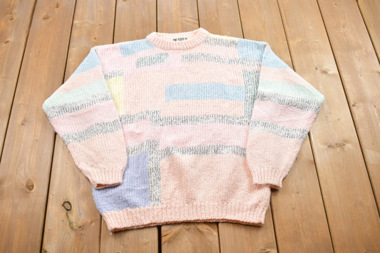 Vintage 1990s Pastel Knitted Crewneck Sweater / Vintage 90s Crewneck / All Over Pattern / Colorful / Sweatshirt / Abstract Pattern