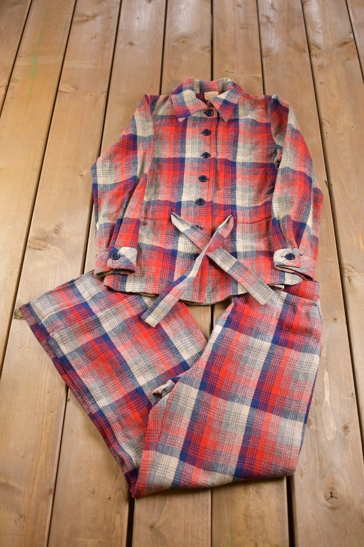 Vintage 1960s Catalina Plaid Button Up Sweater And Bell Bottom Pants