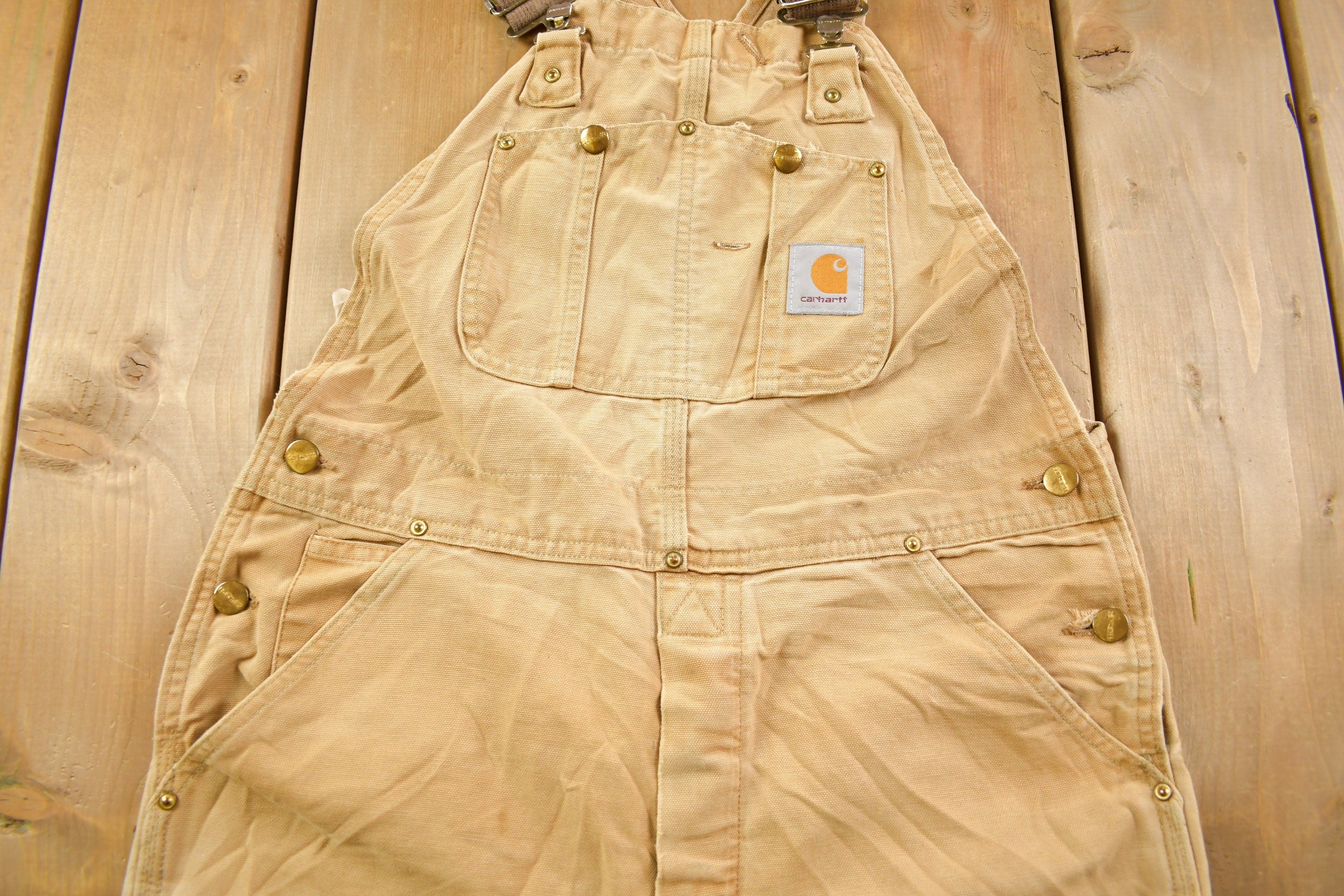 Vintage 1980s Carhartt Beige Canvas Double Knee Overalls Size 34 x 27