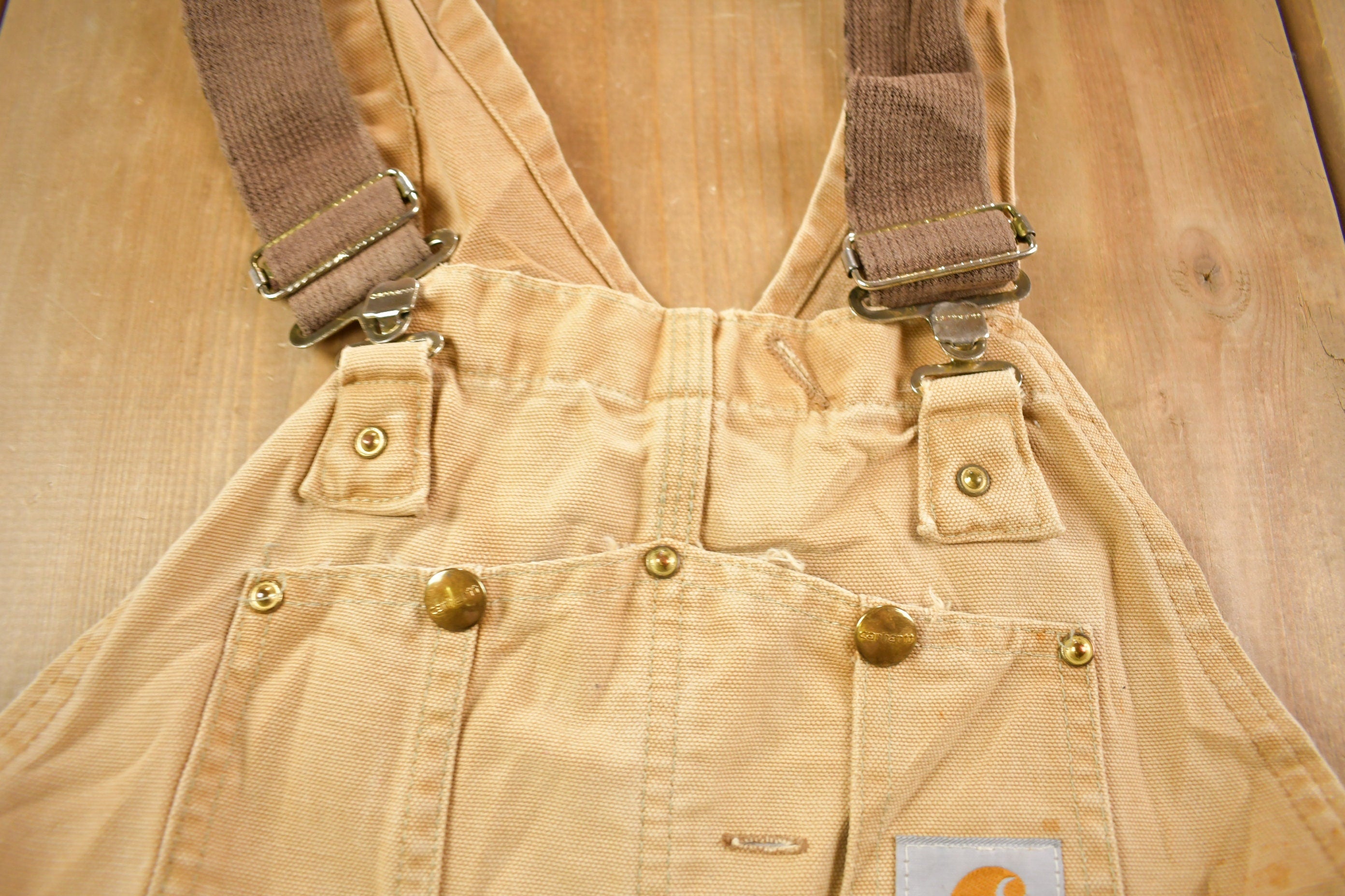 Vintage 1980s Carhartt Beige Canvas Double Knee Overalls Size 34 x 27