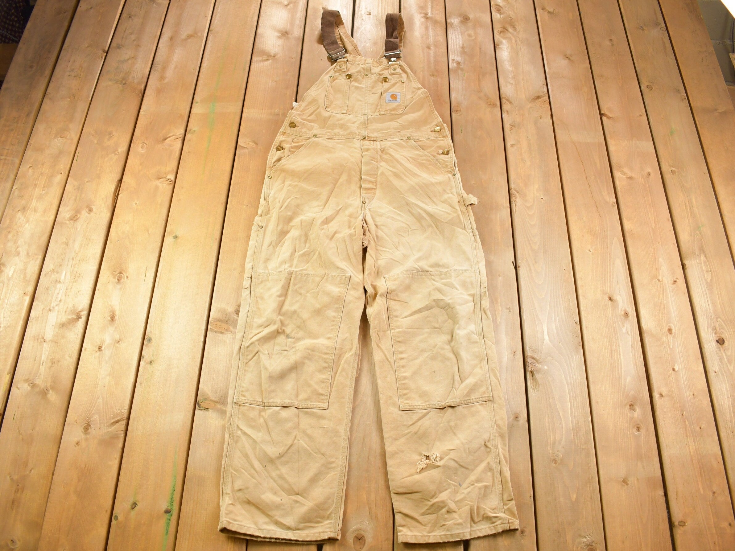 Vintage 1980s Carhartt Beige Canvas Double Knee Overalls Size 34 x 27
