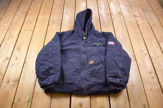 Vintage 1990s Carhartt Hooded Canvas Jacket / Embroidered Inviso Services / Workwear / Streetwear / 1990 / Embroidered USA Flag / Outerwear