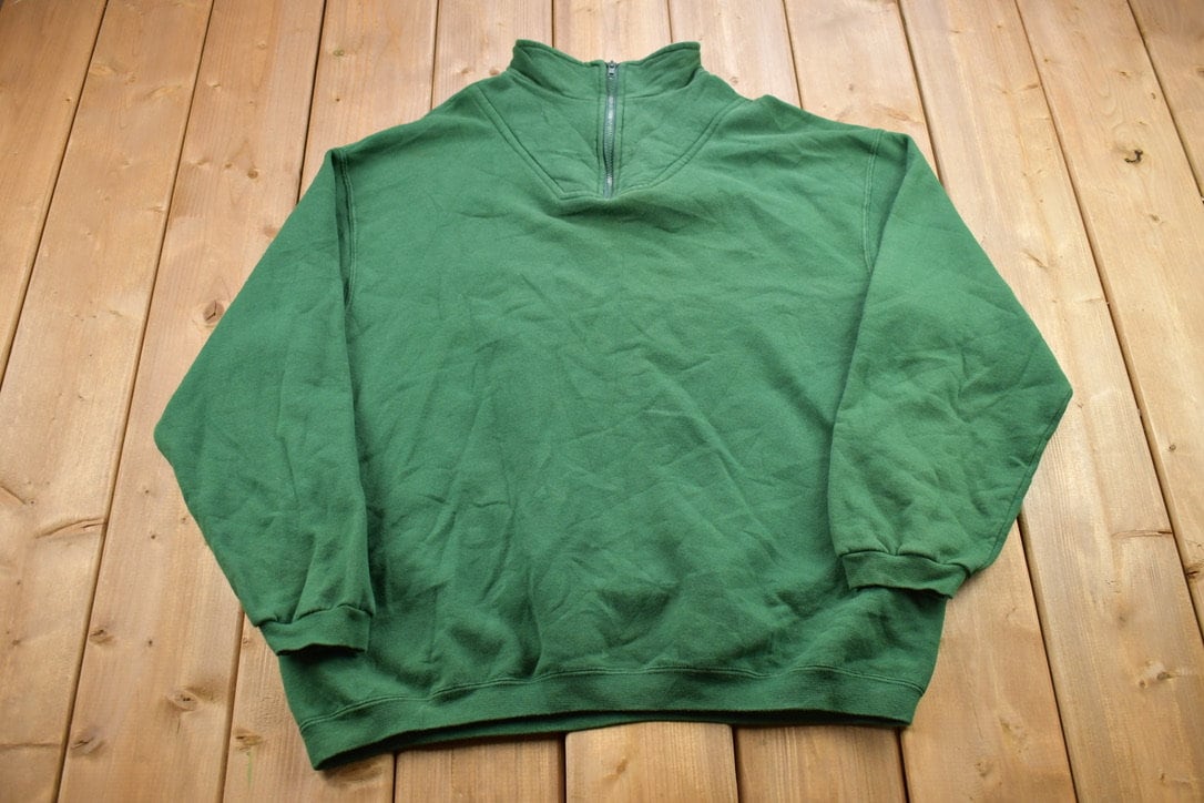 Vintage 1990s Blank Green Quarter Zip Sweatshirt / 90s Sweater / Made In USA / Essential / Streetwear / 90s Blank / 90s Pullover Sweatshirt