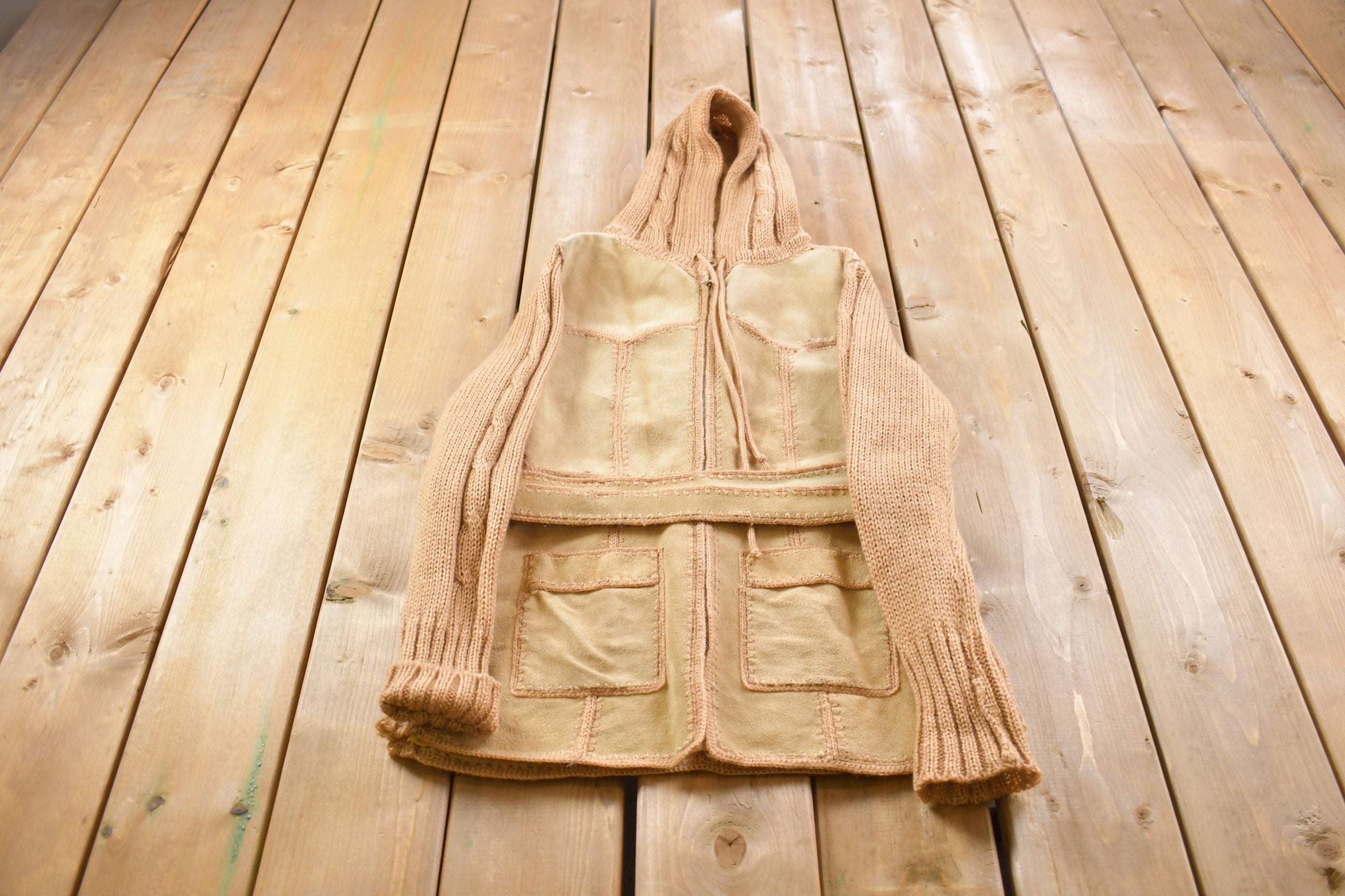 Vintage 1970s Crochet Knit Suede Full length Hooded Light Jacket