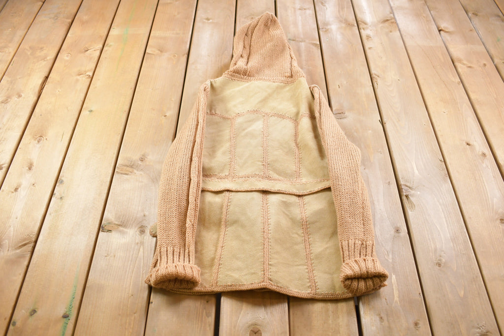 Vintage 1970s Crochet Knit Suede Full length Hooded Light Jacket