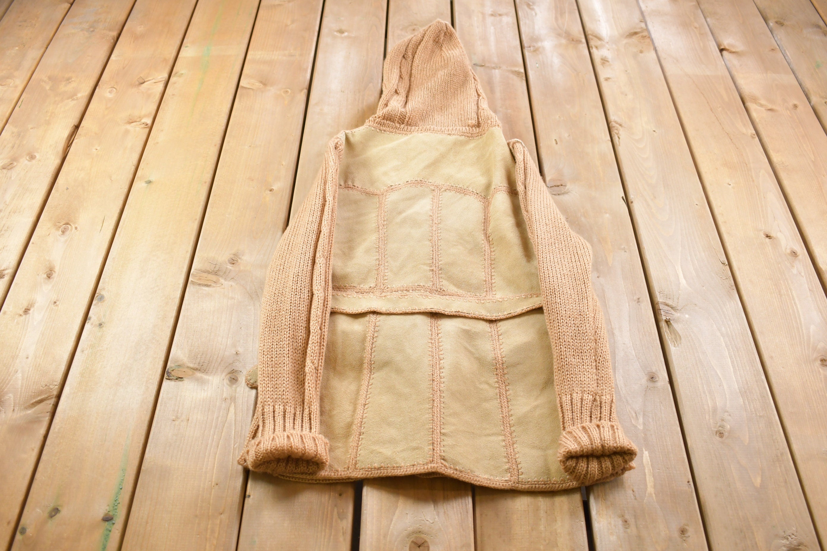 Vintage 1970s Crochet Knit Suede Full length Hooded Light Jacket