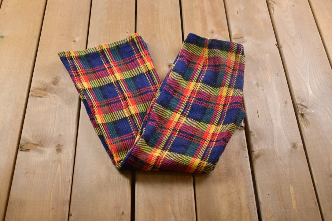 Vintage 1970s Colorful Plaid Wool Bell Bottom Trousers Size 26 x 28