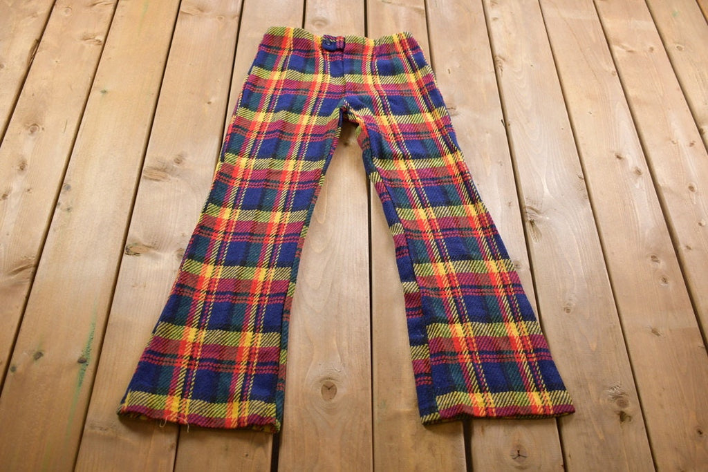 Vintage 1970s Colorful Plaid Wool Bell Bottom Trousers Size 26 x 28