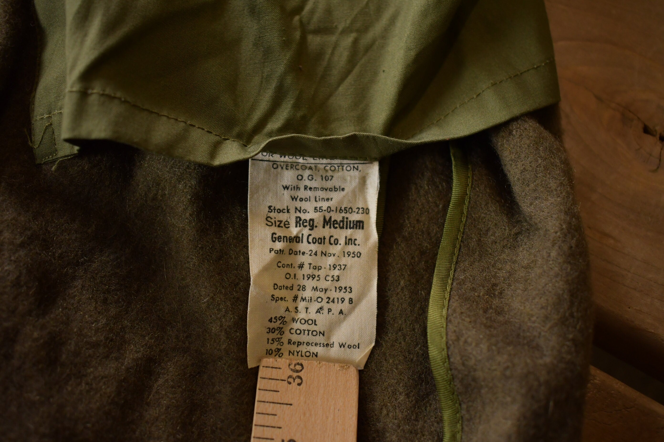 Vintage 1953 OG 107 Overcoat Military Liner