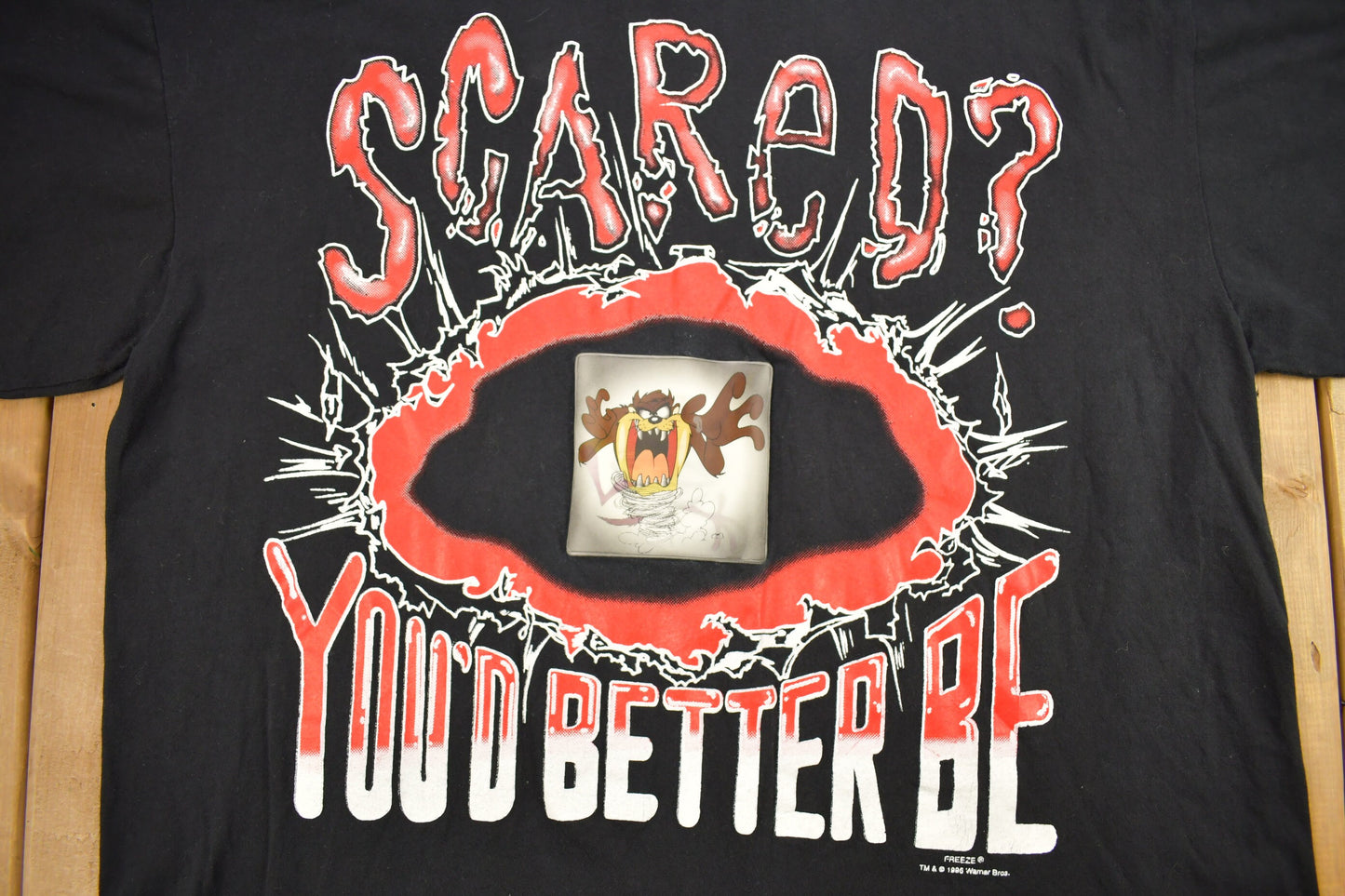 Vintage 1996 Taz "Scared? You'd Better Be" Hologram Graphic Looney Tunes T-Shirt / 90s Graphic Tee / Warner Bros / Made In USA