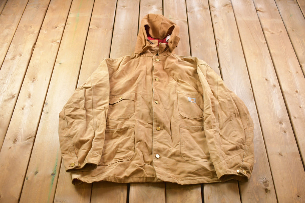 Vintage 1989 Carhartt 100 Years Red Quilt Lined Traditional Coat With Snap On Hood