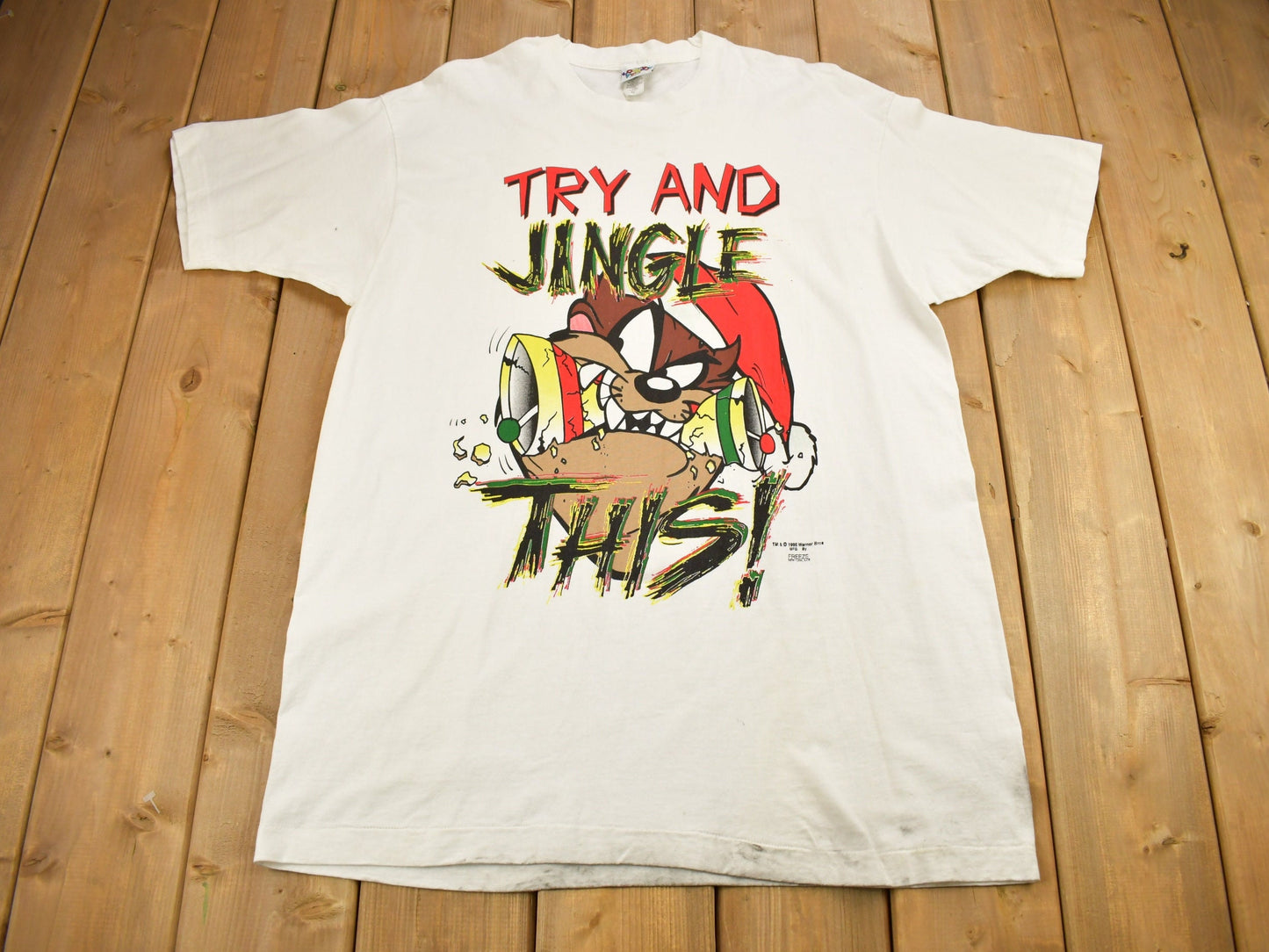 Vintage 1995 Taz "Try And Jingle This" Christmas Graphic Looney Tunes T-Shirt / Warner Bros / Made In USA / Single Stitch