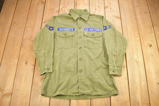 Vintage 1960s OG-107 US Air Force Military Sateen Shirt / US Army Green / Patchwork / Combat Shirt / Seesholtz