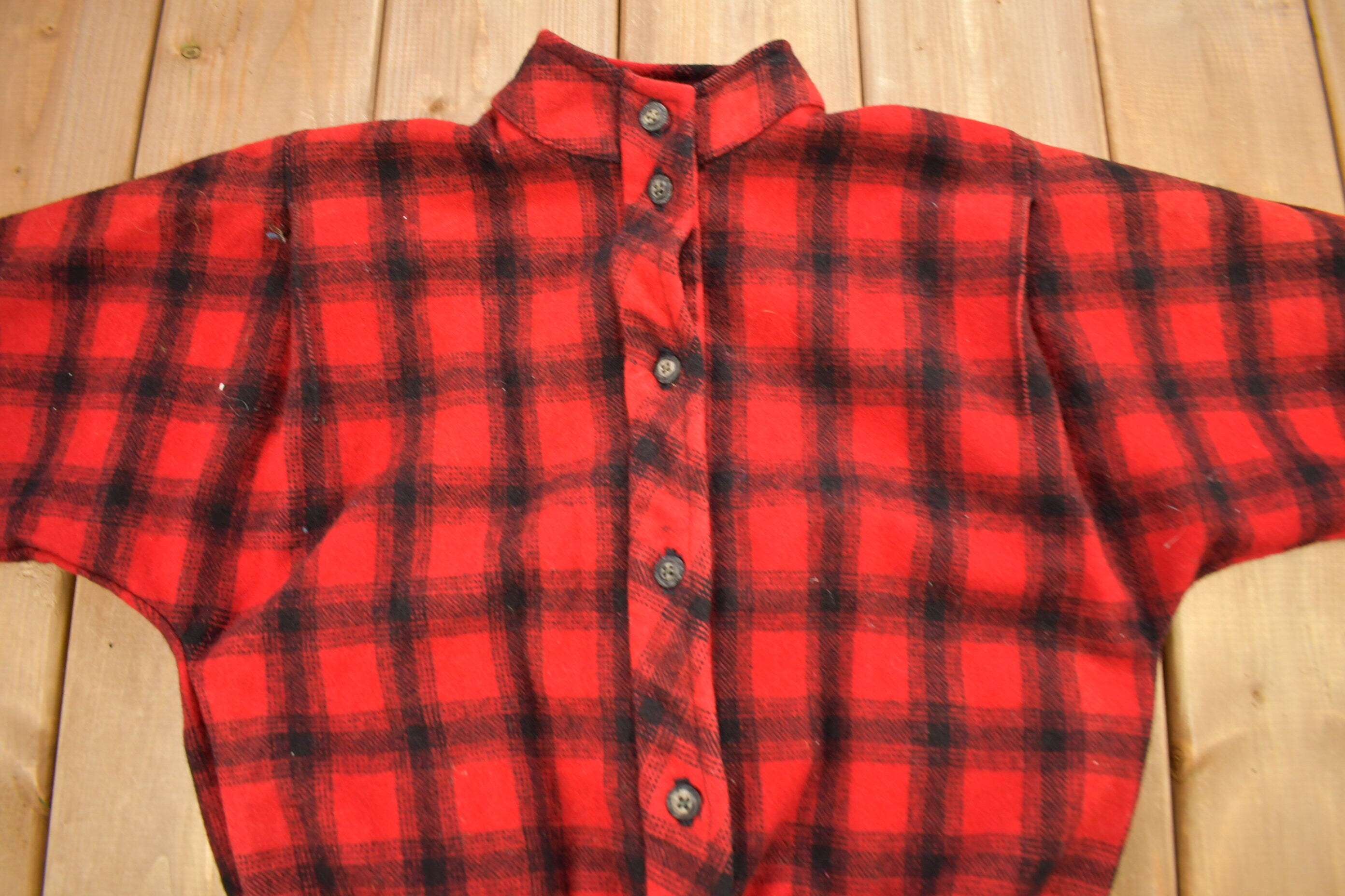 Vintage 1950s Wool Buffalo Plaid Button Up Hunting Jacket