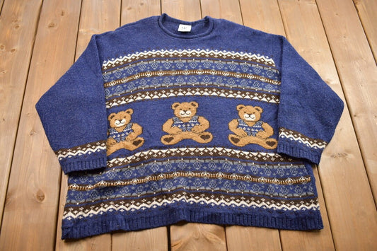 Vintage 1990s Knitted Teddy Bear Theme Crewneck Sweater / Vintage 90s Crewneck / All Over Pattern / Colorful / Sweatshirt / Abstract Pattern