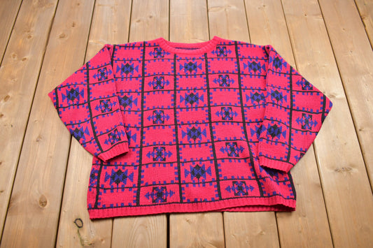 Vintage 1990s Pink Knitted Crewneck Sweater / Vintage 90s Crewneck / All Over Pattern / Colorful / Sweatshirt / Abstract Pattern