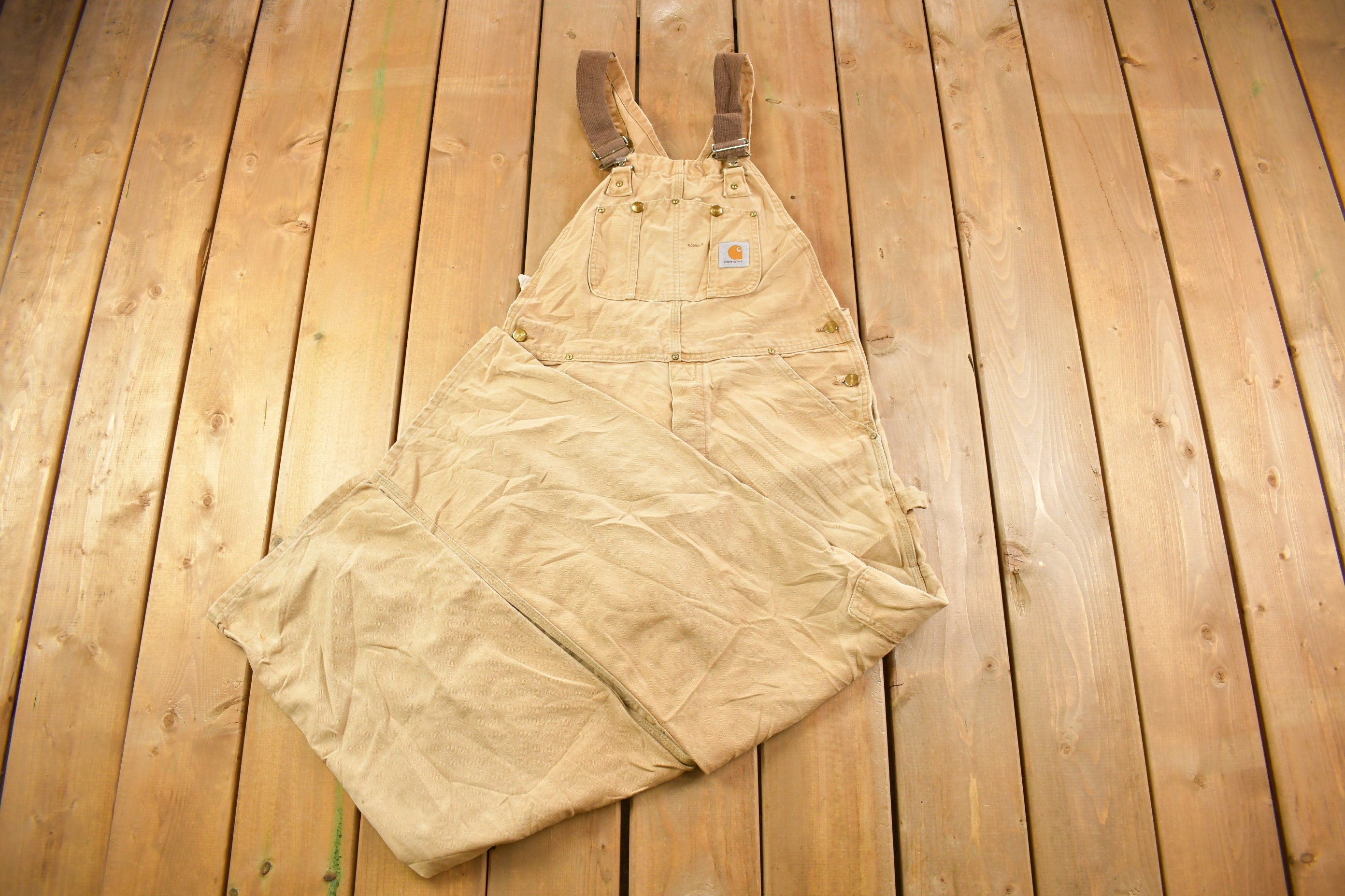 Vintage 1980s Carhartt Beige Canvas Double Knee Overalls Size 34 x 27