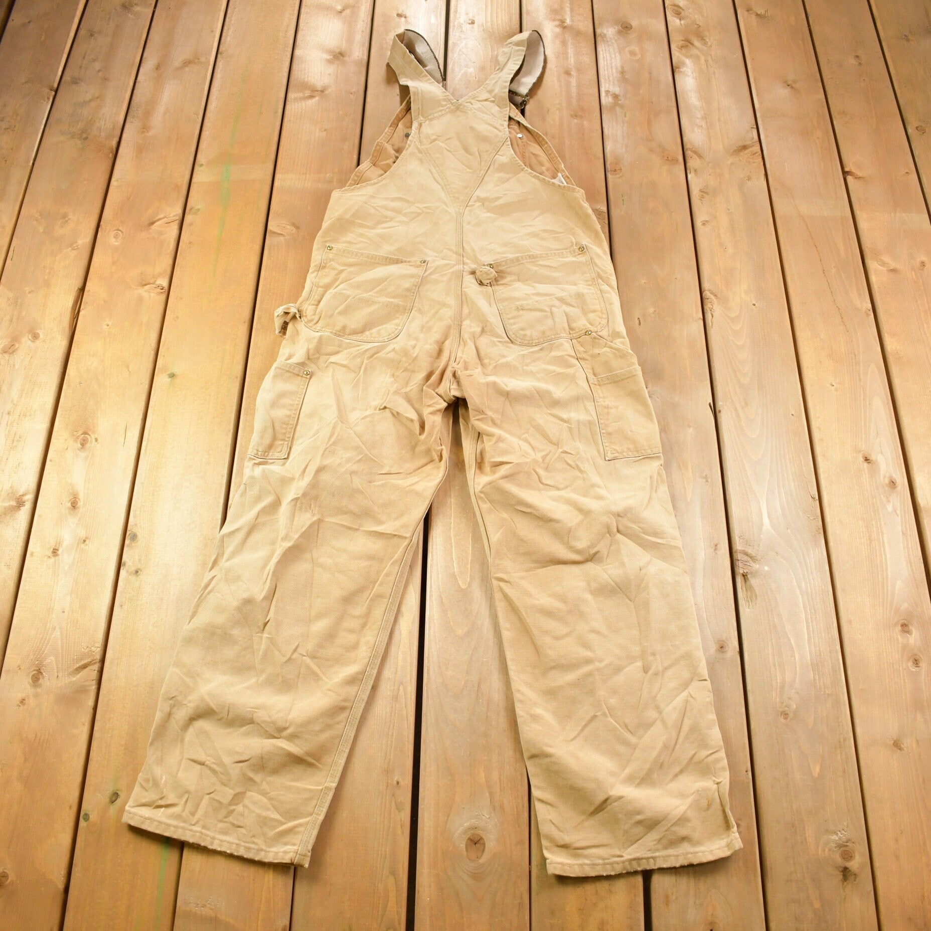 Vintage 1980s Carhartt Beige Canvas Double Knee Overalls Size 34 x 27