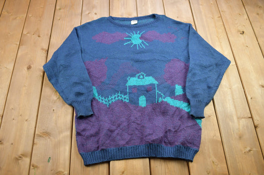 Vintage 1990s Bahner Knitted Crewneck Sweater / Vintage 90s Crewneck / All Over Pattern / Colorful / Sweatshirt / Abstract Pattern