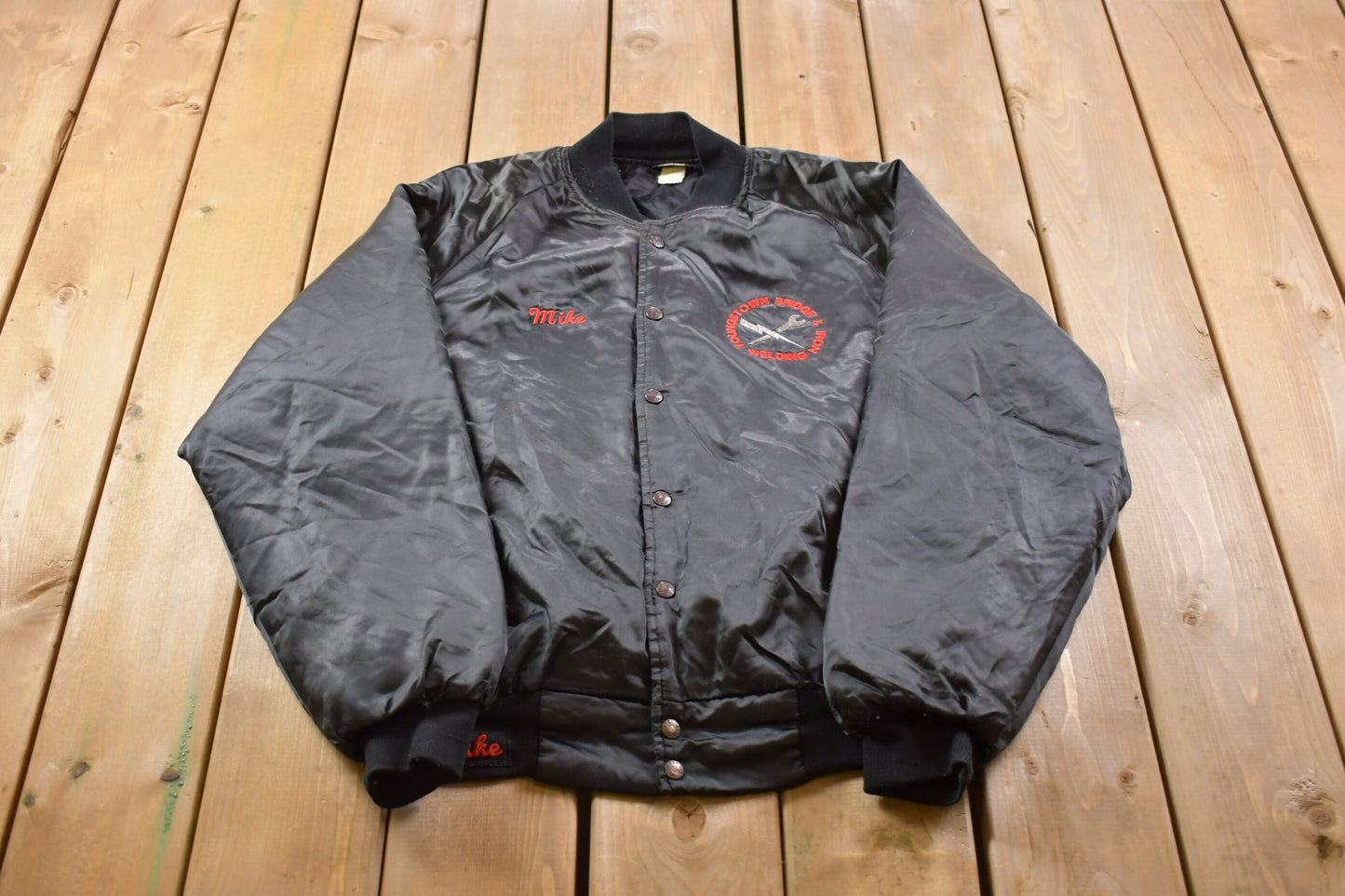 Vintage 1990s Nemesis Youngstown Bridge & Iron Welding Satin Bomber Jacket / Snap Button / Streetwear / Made In USA / Embroidered