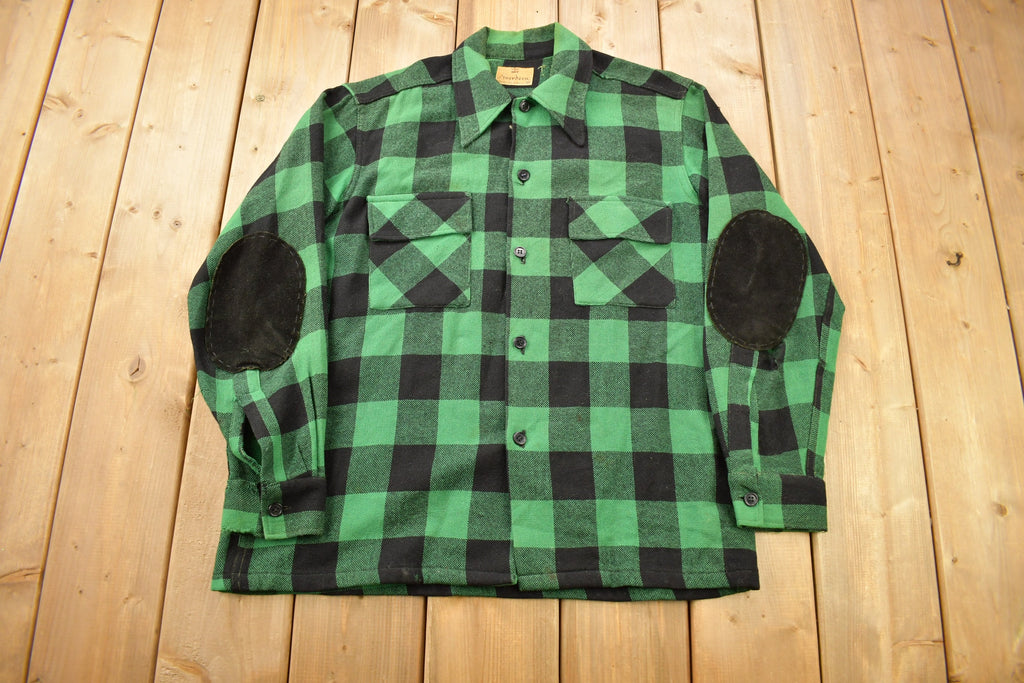 Vintage 1950s Aberdeen Green Buffalo Plaid Wool Button Up Shirt