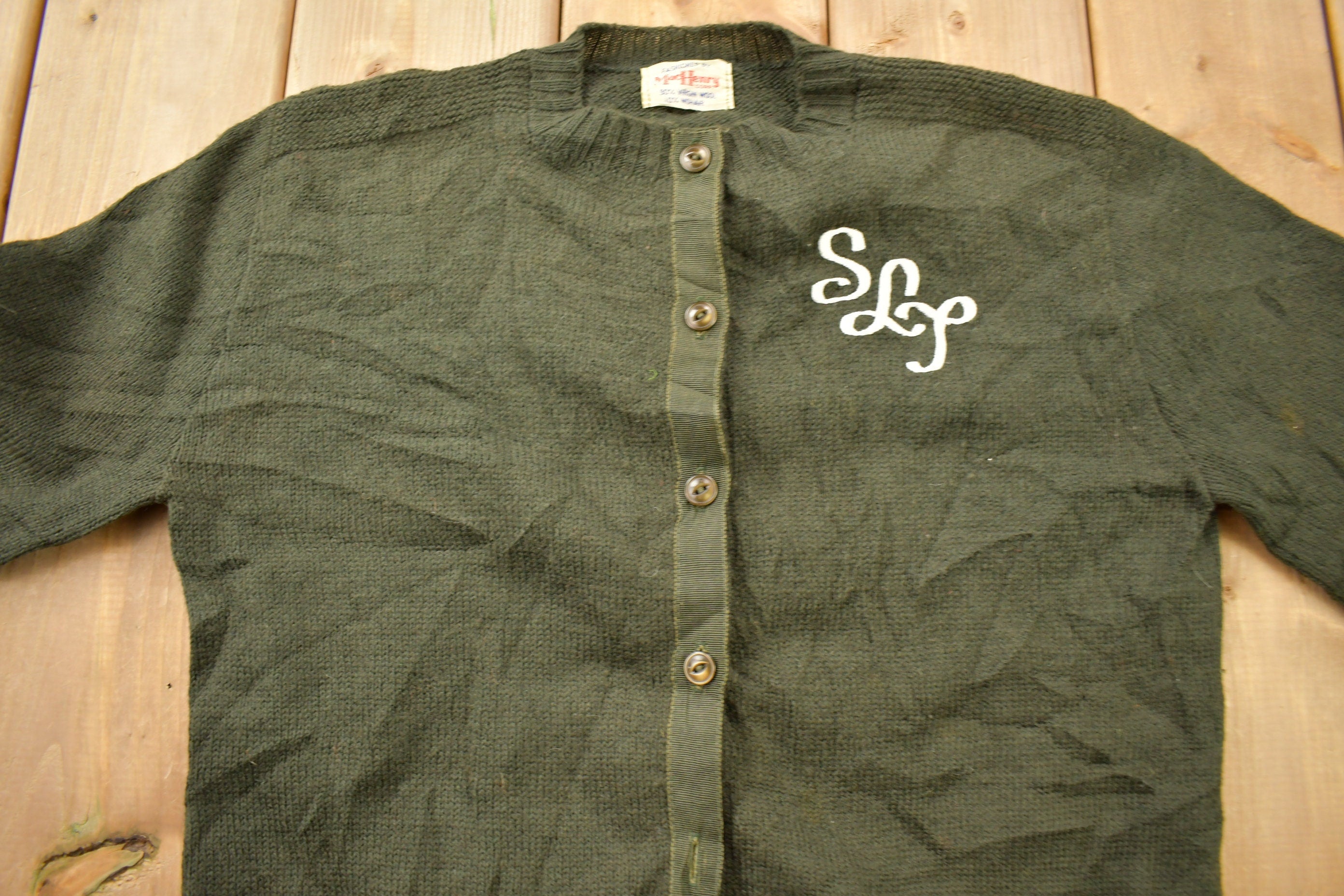 Vintage 1950s Mac Henry Corp Embroidered Collegiate Cardigan Sweater